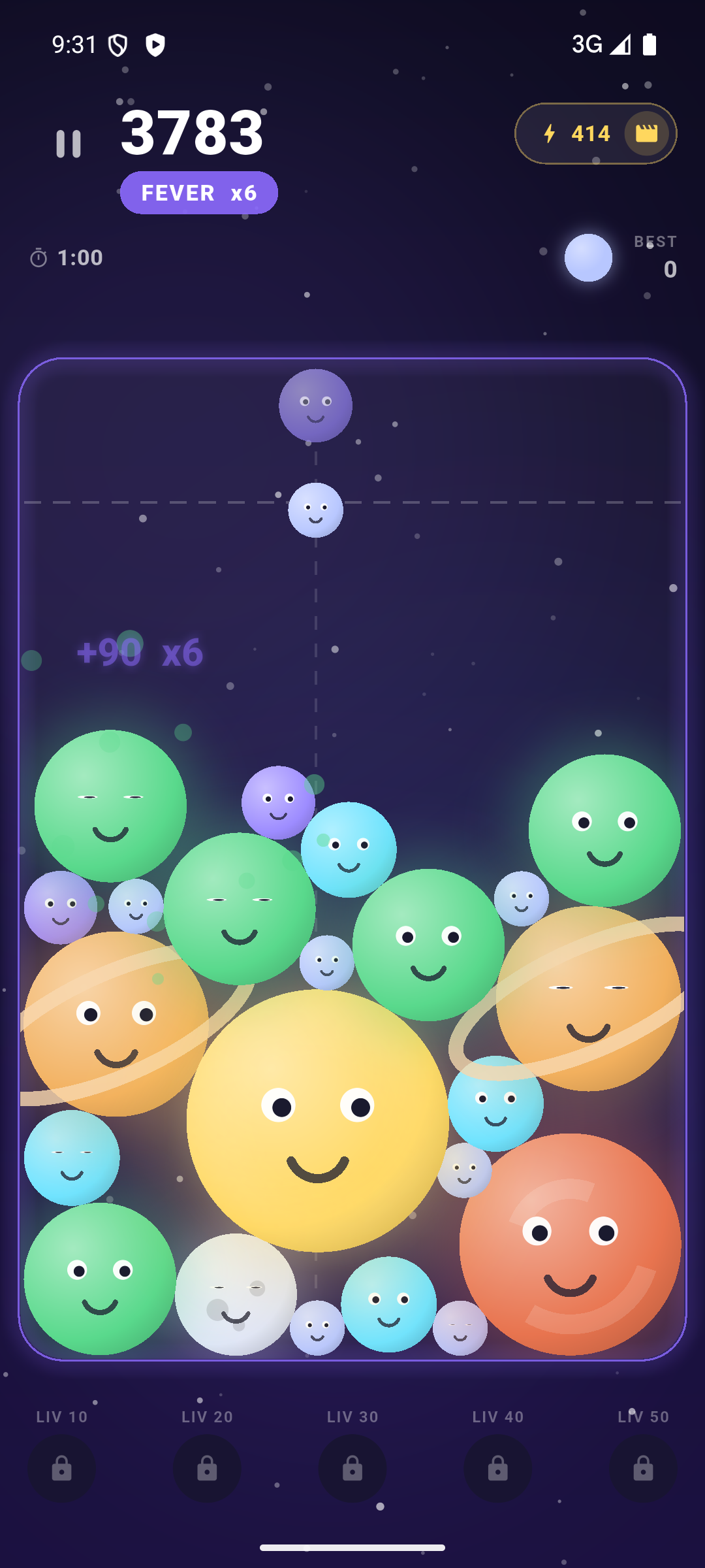 Nova Drop gameplay: glowing cosmic bodies merging in a dark violet well during a Fever chain