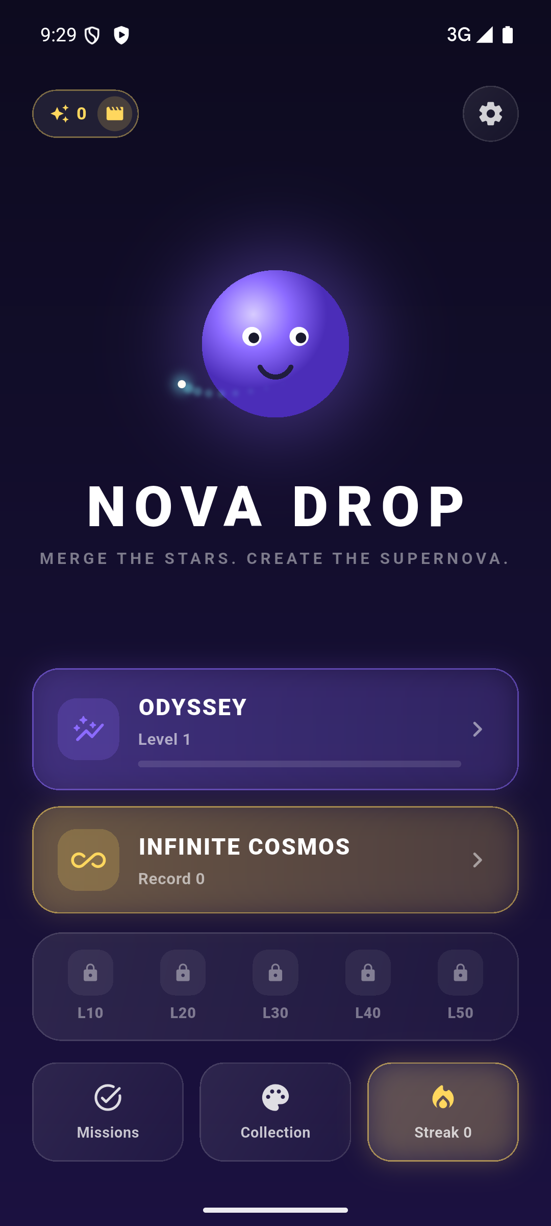 Nova Drop home screen with Odyssey and Infinite Cosmos modes