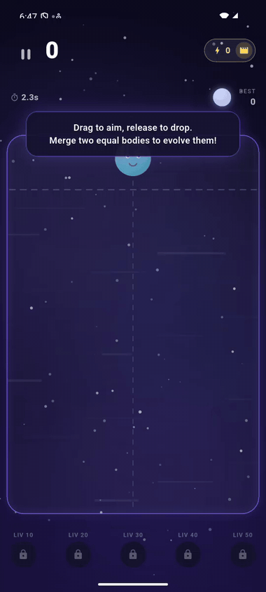 Animated clip of Nova Drop: glowing cosmic bodies pushed around a dark violet well by environmental forces — wind, low gravity and a gravity well — all simulated by the in-house physics engine.