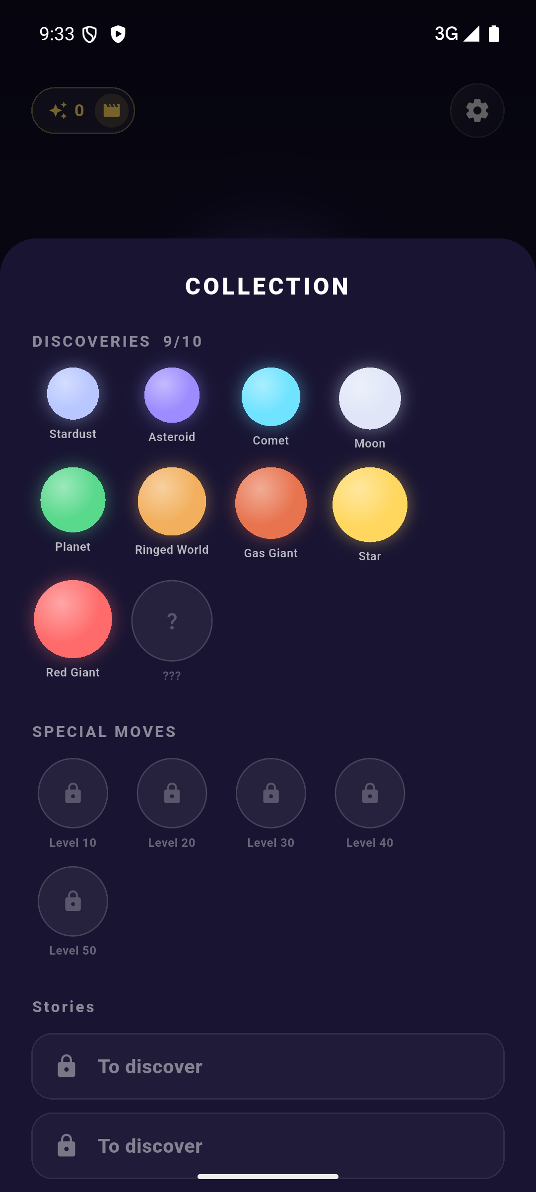 Nova Drop's Codex collection screen showing localized cosmic-body names and lore.