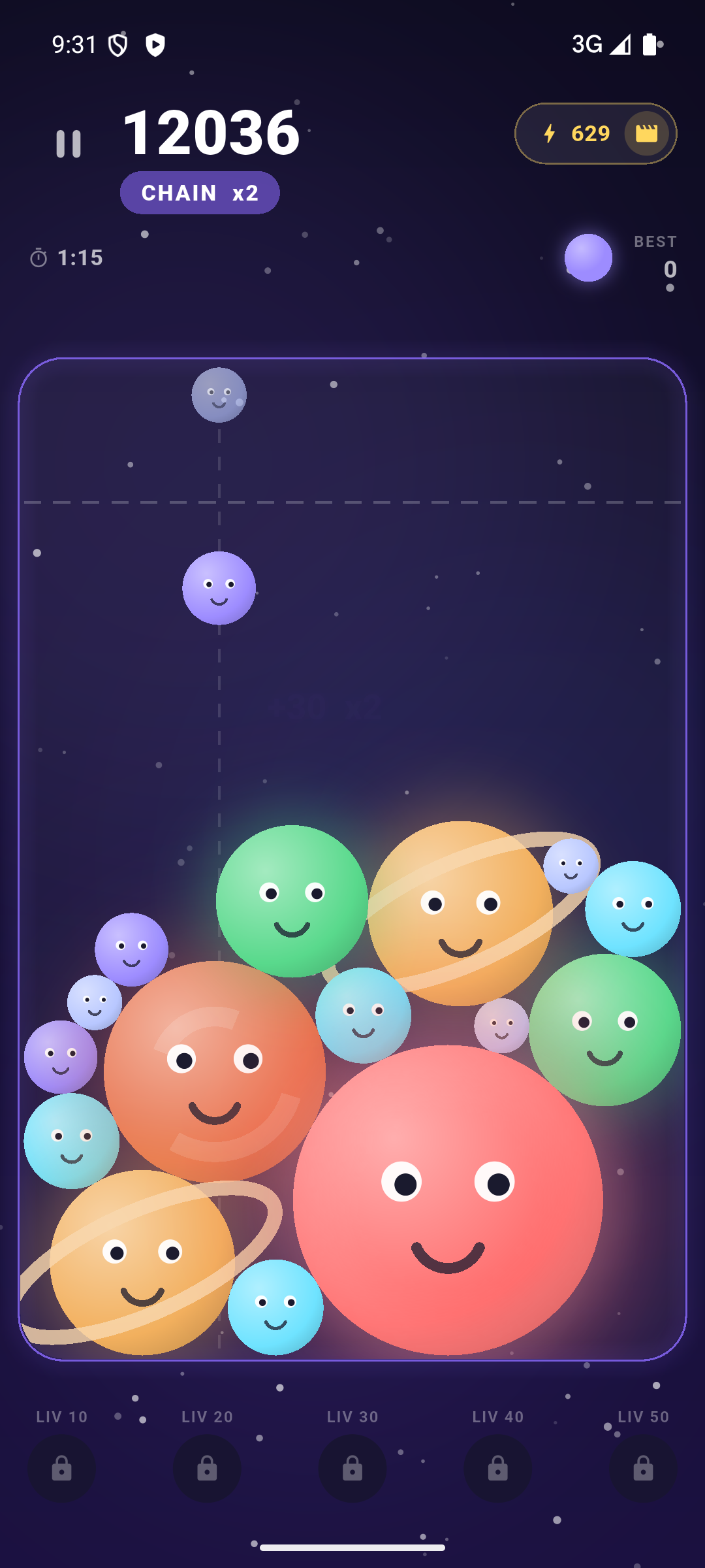 Nova Drop's well filled with glowing cosmic bodies of different sizes resting in a stack, mid-game.