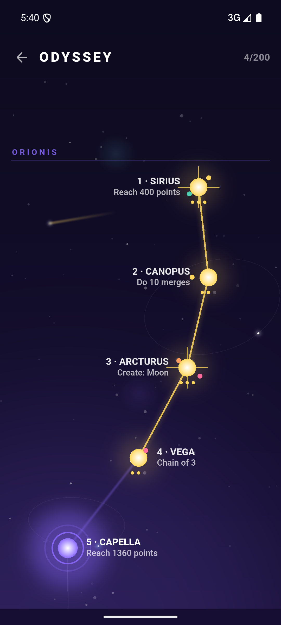 Nova Drop's Odyssey star map: a winding path of real stars (Sirius, Canopus, Arcturus, Vega, Capella) in the ORIONIS constellation, each node a level with its own goal.