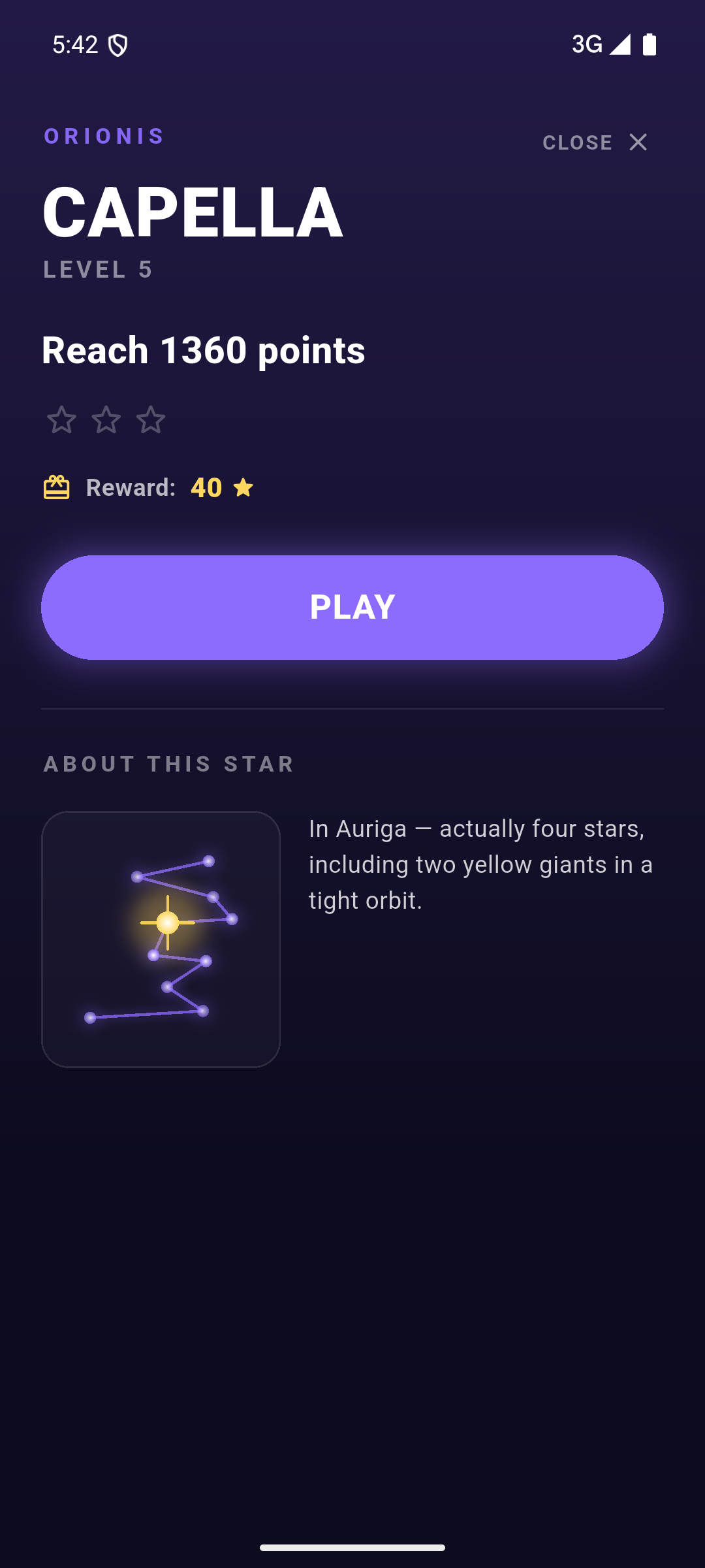 Nova Drop star card for CAPELLA: level objective, reward, Play button, and an 'About this star' section with a constellation diagram and a real astronomy note.